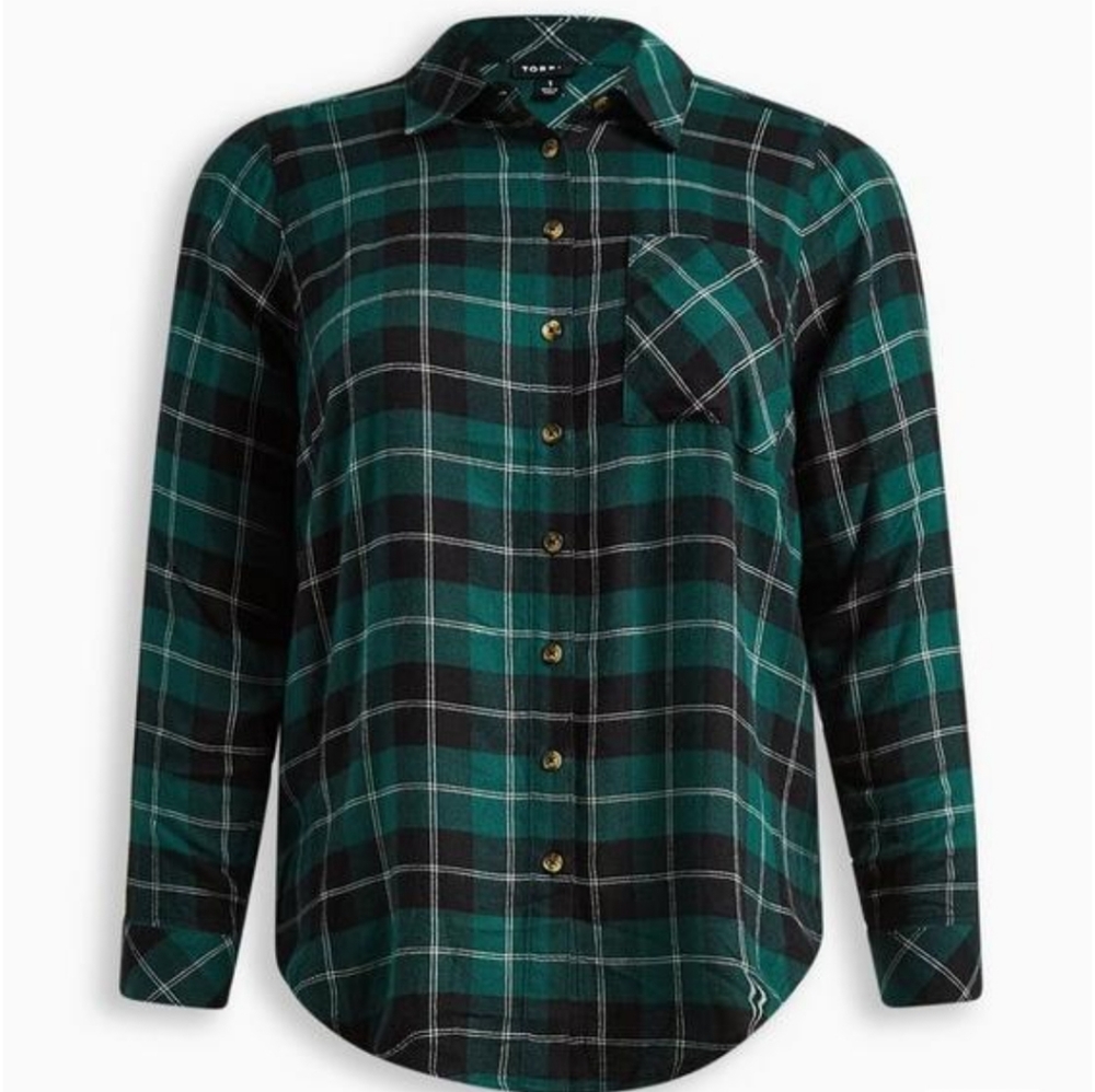 Torrid Lizzie Brushed Rayon Button Down Plaid Shirt Green 1x